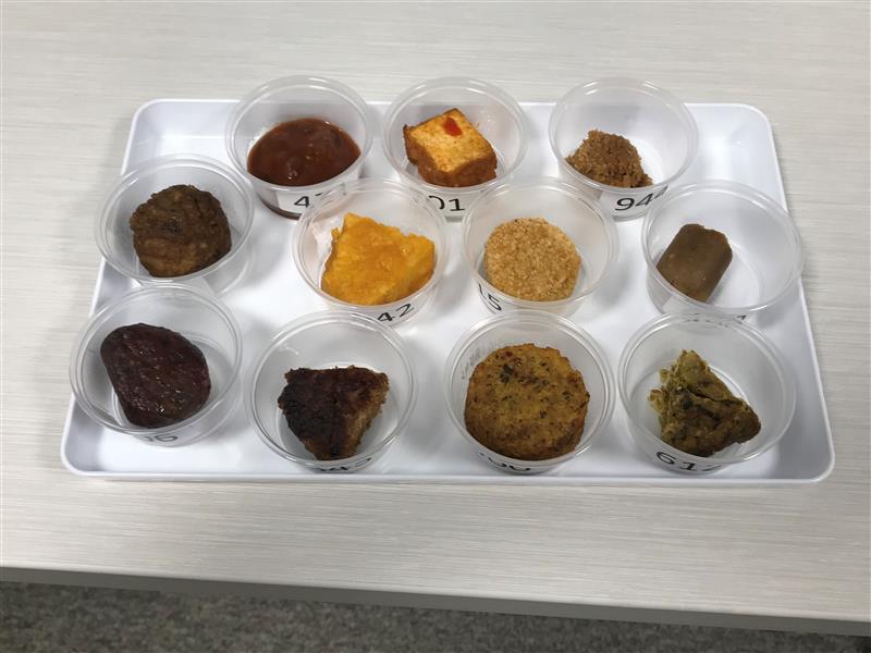 samples of plant-based products on white tray