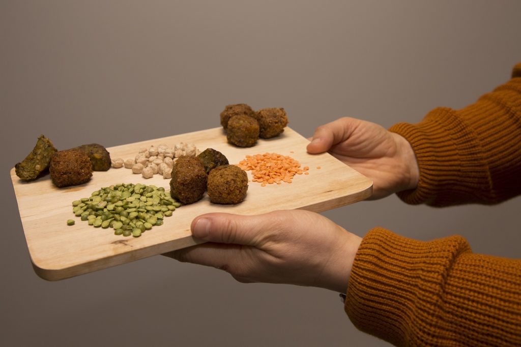 Range of legumes and vegetarians products on wooden board, held by 2 hands