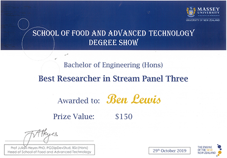 Best Researcher Award certificate, awarded to Ben Lewis.